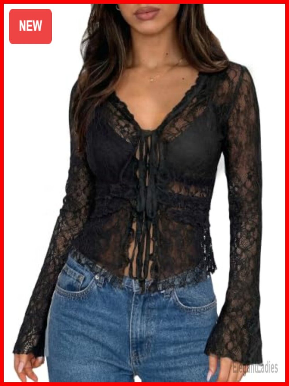 Lace Mesh Sheer Bell Sleeve Tie Front V Neck Crop Top
